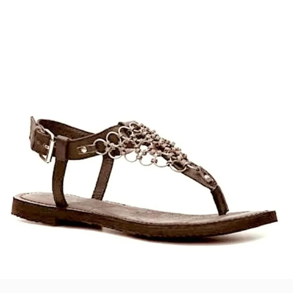 Bull Boxer Annalise Chain Sandals Leather Flats ‎ T-strap Thong Brown Boho